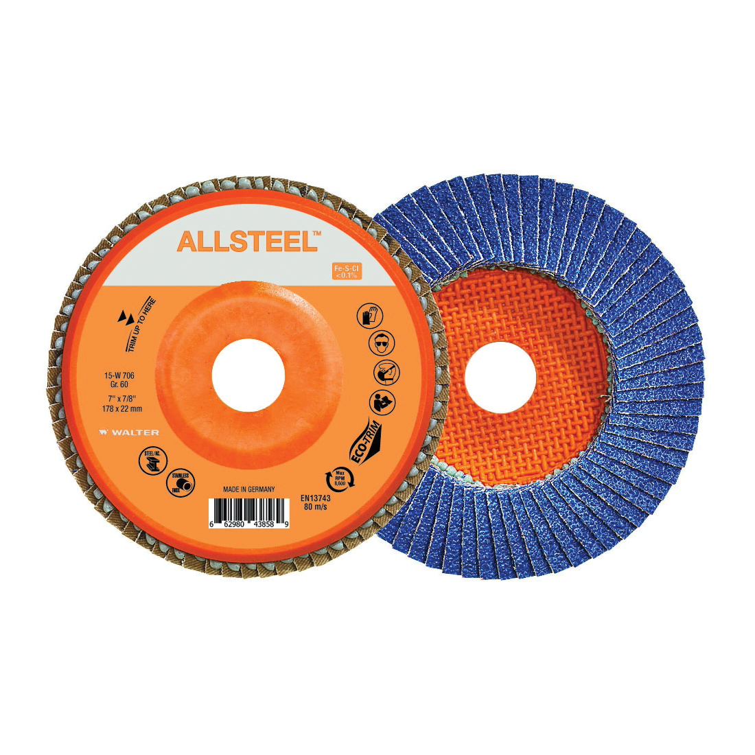 Walter Surface Technologies ALLSTEEL™ 15W706 Industrial Grade Flap Disc, 7 in Dia Disc, 7/8 in Center Hole, 60 Grit, Zirconia Alumina Abrasive, Type 27 Disc