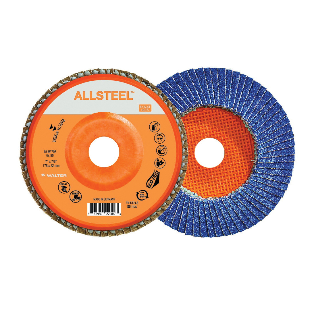 Walter Surface Technologies ALLSTEEL™ 15W708 Industrial Grade Flap Disc, 7 in Dia Disc, 7/8 in Center Hole, 80 Grit, Zirconia Alumina Abrasive, Type 27 Disc