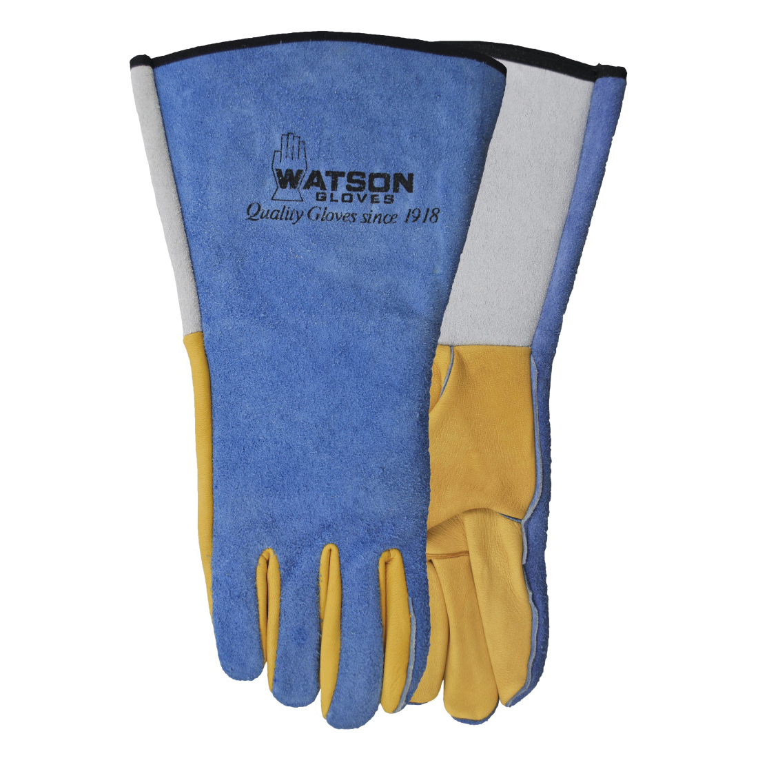 Watson Heat Wave® 2752-M Yellow Tail Welding Gloves 2752, M, Split Cowhide Leather, Blue/Natural, Foam Lining, Gauntlet Cuff