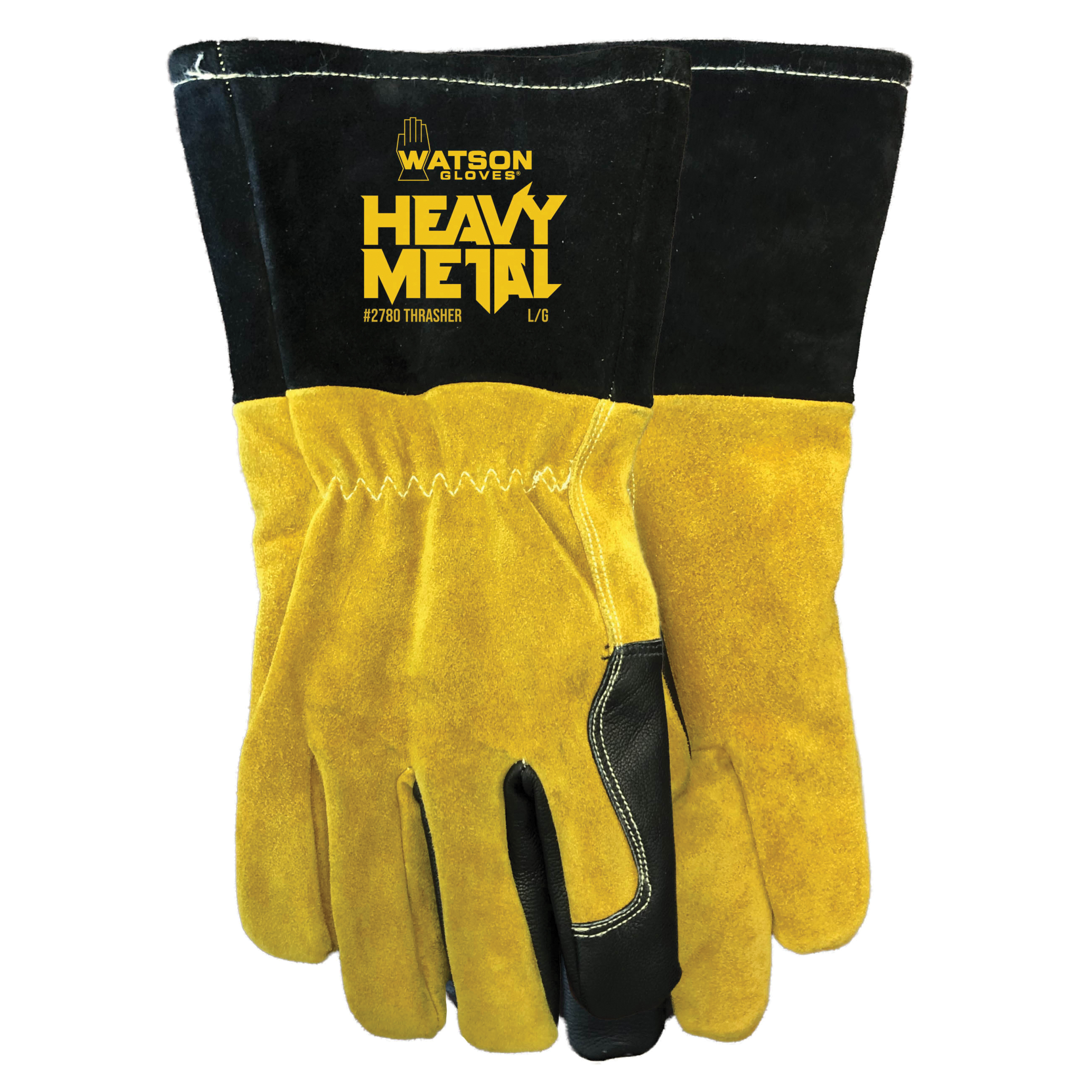 Heavy Metal 2780-L Thrasher Gloves, L, Split Cowhide, Black/Tan, Cutshield™ Para-Aramid/Steel/Polyester Fiber Lining, Gauntlet/Shirred Elastic Wrist Cuff