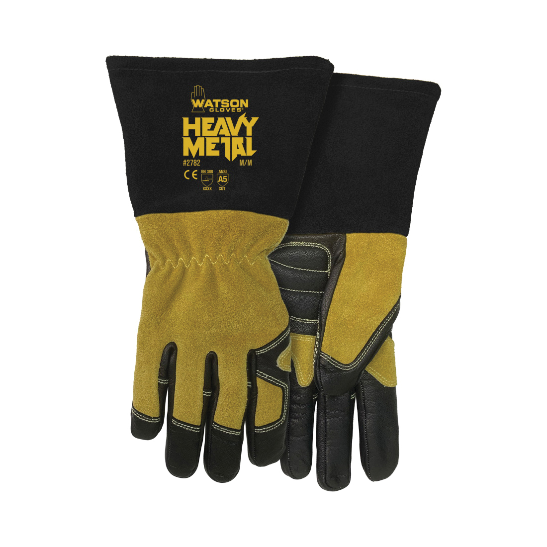 Heavy Metal 2782-M Fired Up Gloves, M, Full Grain Goatskin/Split Cowhide, Black/Tan, Cutshield™ Para-Aramid/Steel/Polyester Fiber Lining, Gauntlet/Shirred Elastic Wrist Cuff