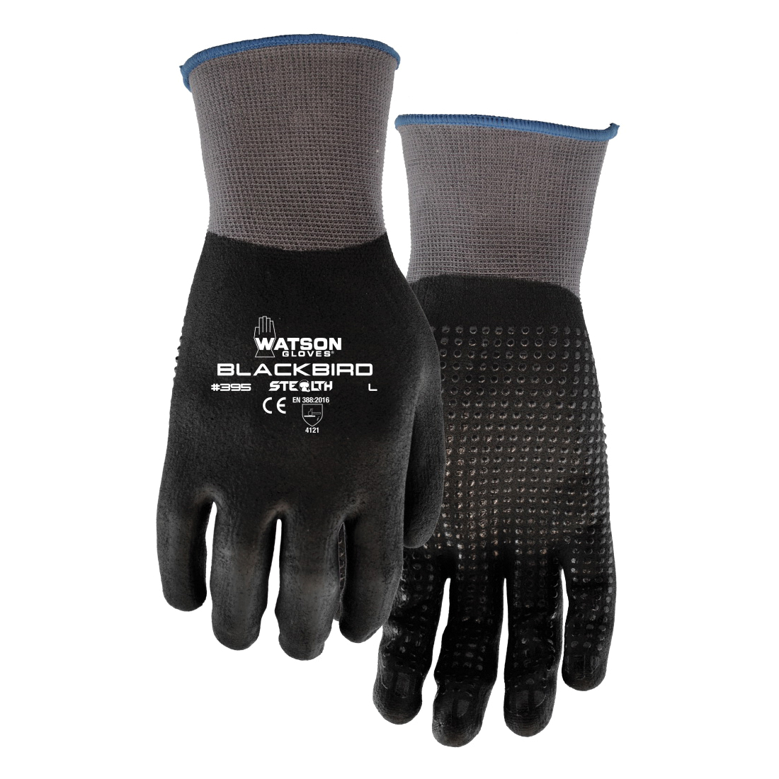 Stealth 395-L Blackbird General Purpose Gloves, Coated, L, Nitrile Palm, Nylon, Black, Knit Wrist Cuff, Microfoam Nitrile Coating, Resists: Abrasion, Blade Cut, Puncture and Tear, Wing Thumb