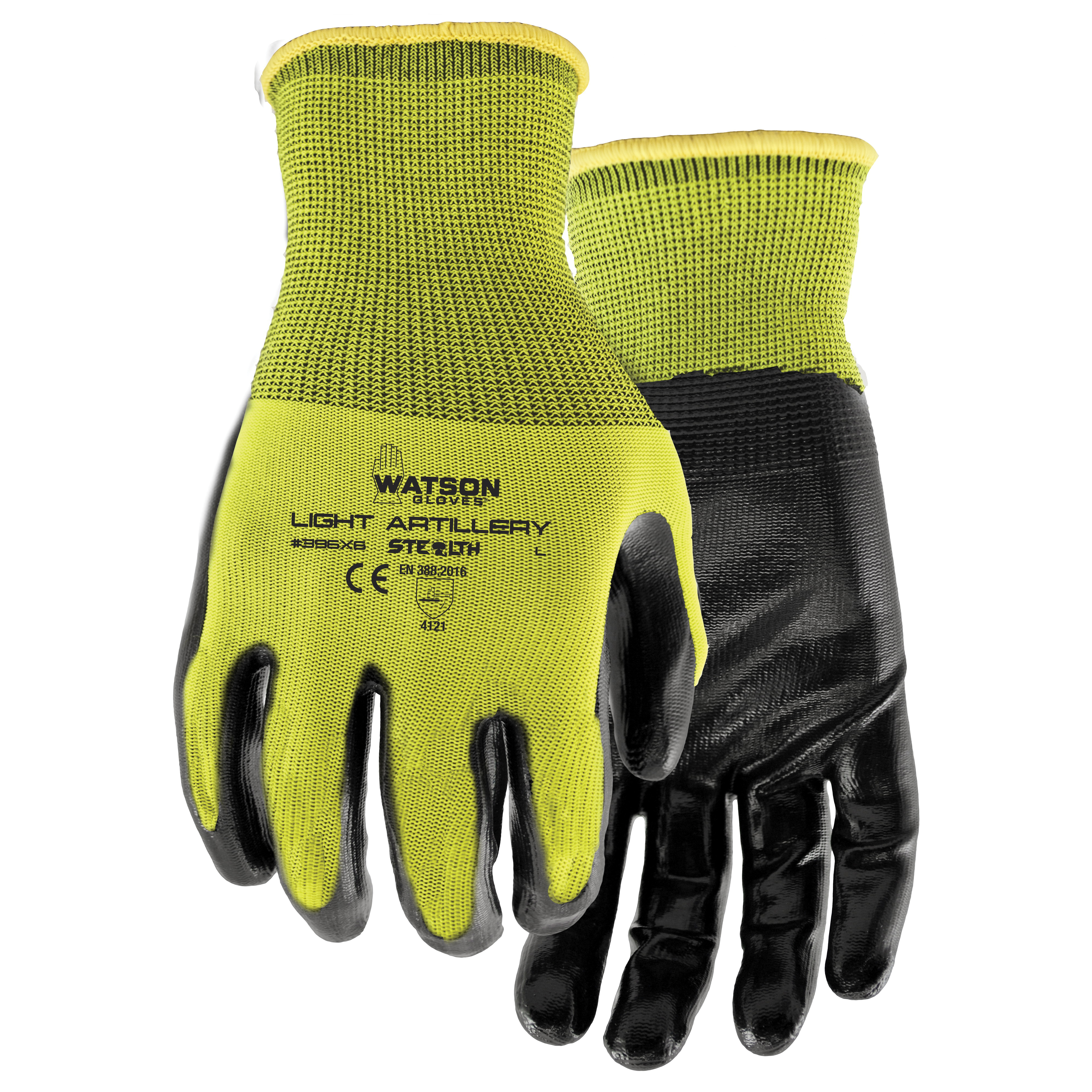 Stealth 396X6-L Light Artillery General Purpose Gloves, Coated, L, Nitrile Palm, Polyester, Hi-Viz Yellow, Knit Wrist Cuff, Nitrile Coating, Resists: Abrasion, Blade Cut, Puncture and Tear, Seamless
