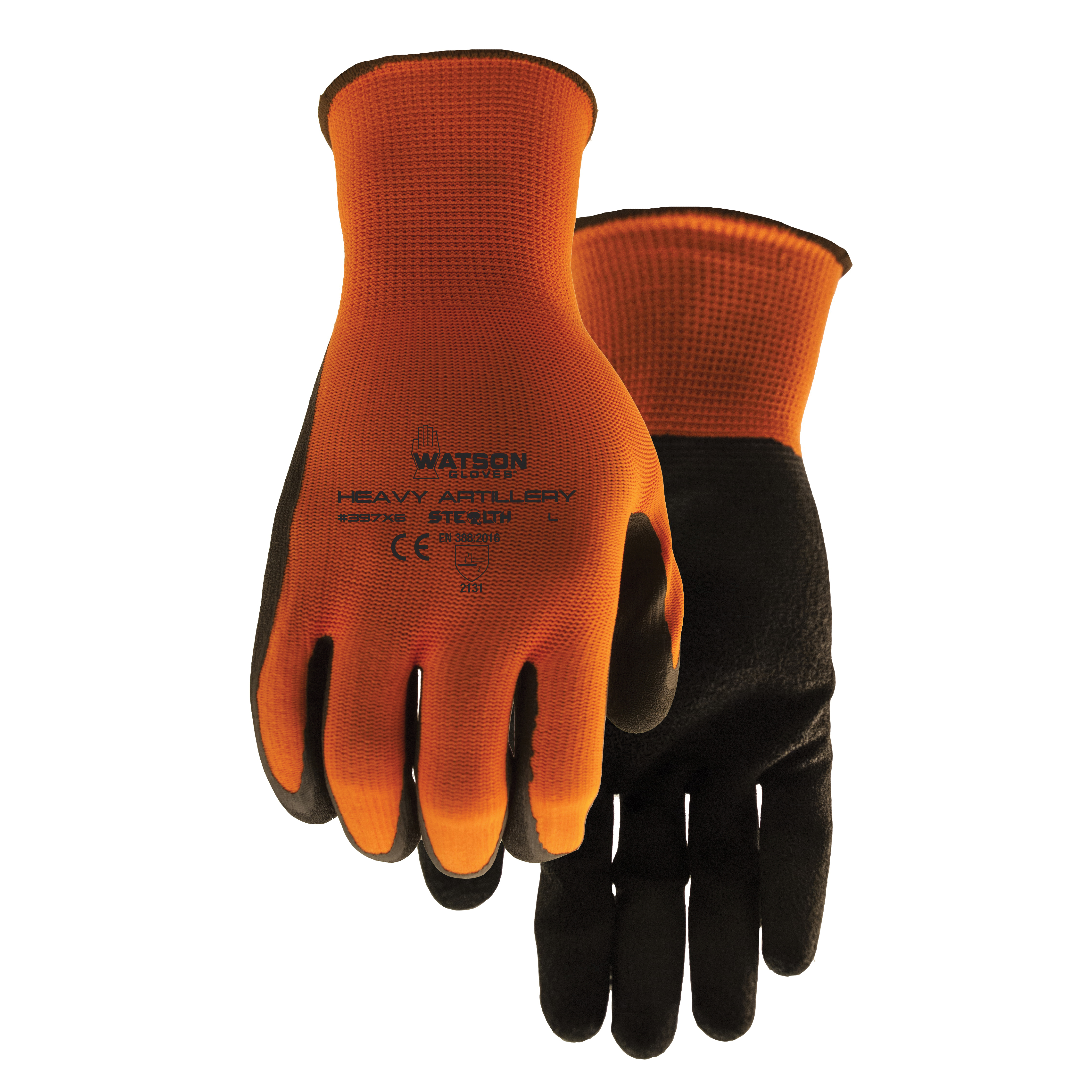 Watson 397X6-L Stealth Heavy Artillery General Purpose Gloves 397X6, Open Back/Sure-Grip Style, L, Crinkle Latex Palm, 13 gg Polyester, Hi-Viz Orange, Knit Wrist Cuff, Latex Coating, Resists: Dirt and Debris