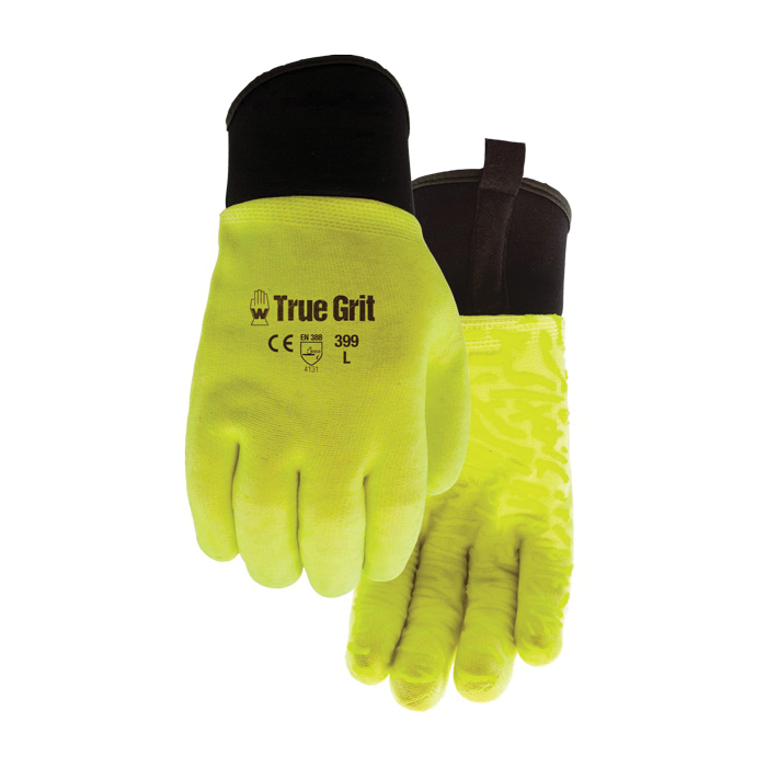 Watson 399-L True Grit General Purpose Gloves, Coated, L, PVC Palm, Neoprene/PVC, Hi-Viz Yellow, Slip-On Cuff, HPT™ Coating, Resists: Abrasion, Blade Cut, Puncture and Tear, Straight Thumb