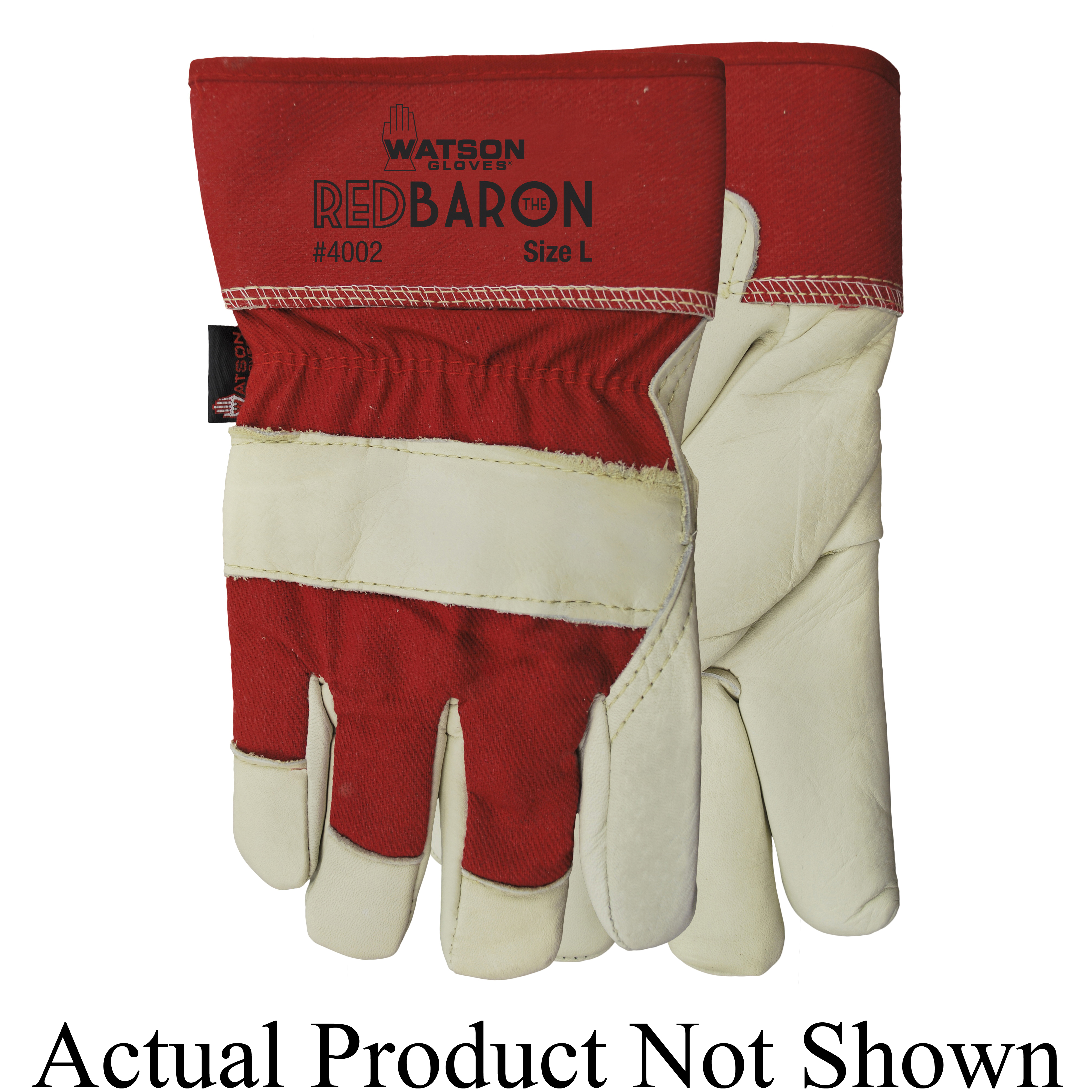 Watson 4002-M Baron General Purpose Gloves, Wing Thumb Style, M, Cowhide Palm, Cotton/Cowhide, Off-White/Red, Shirred Elastic Wrist/Slip-On Cuff