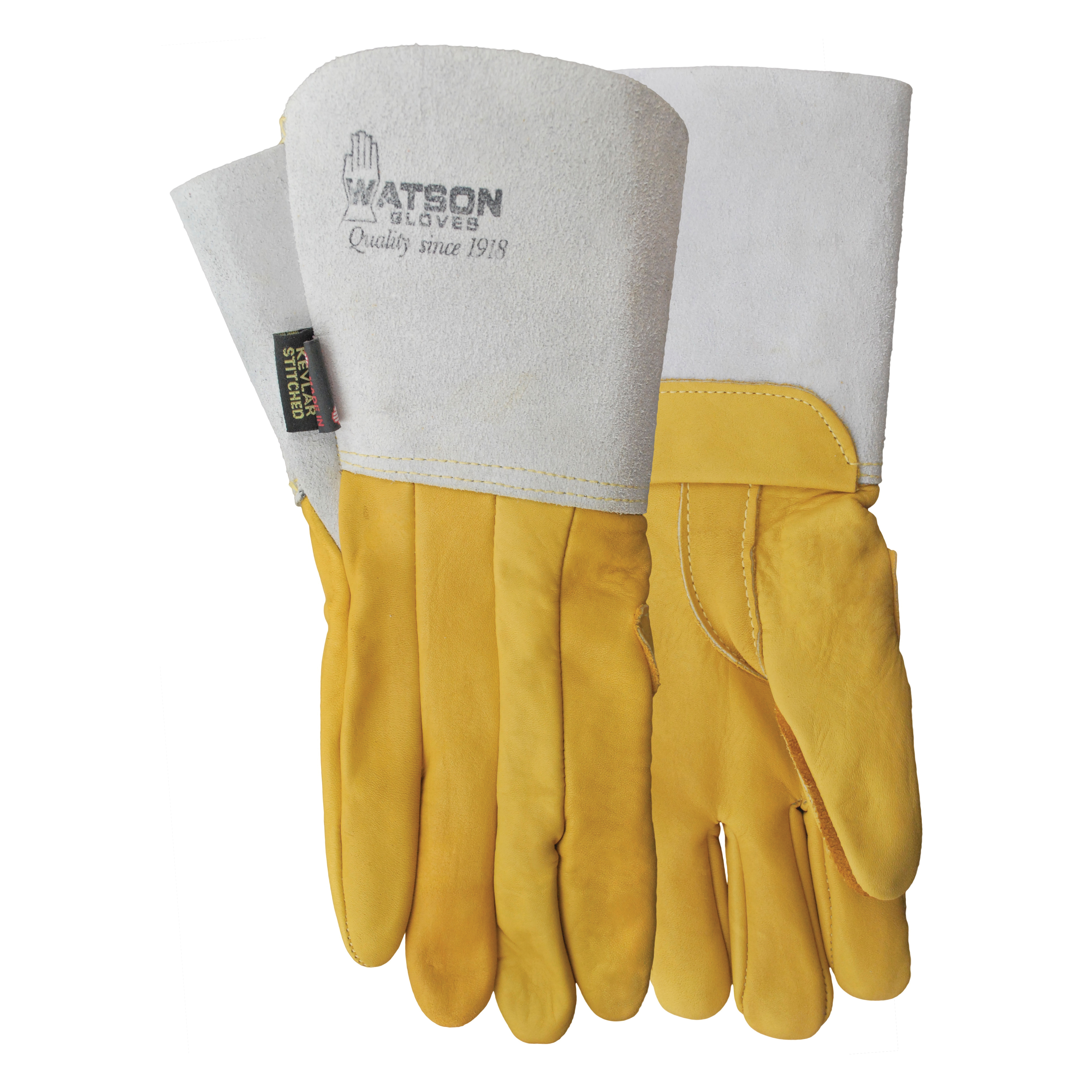 Watson 635-07 Pistol Whip General Purpose Gloves, Welding, SZ 7, Full Grain Cowhide Leather, Gauntlet Cuff, Unlined Lining, Clute Cut