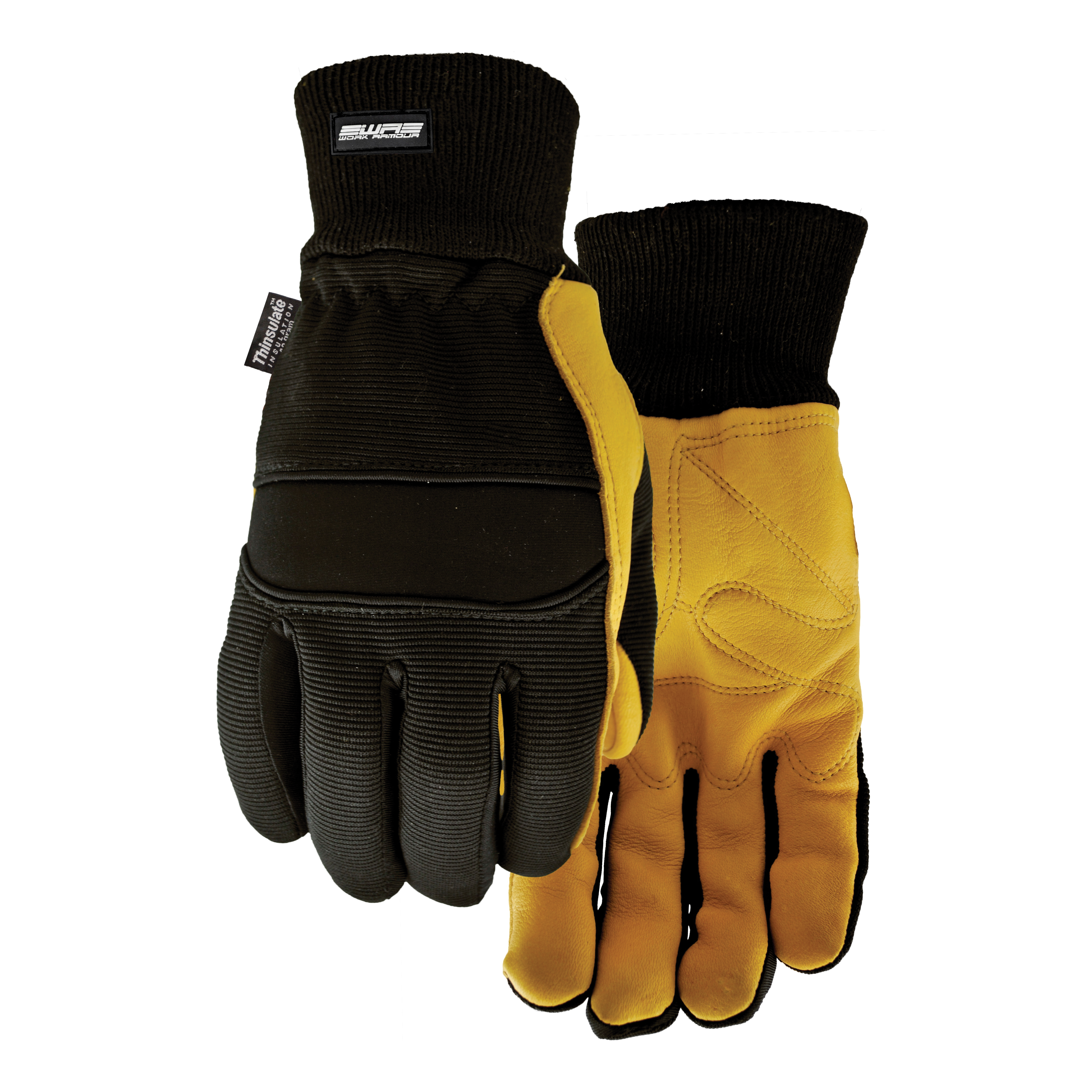 Watson 9013-L Ratchet General Purpose Gloves, Leather Palm, Wing Thumb Style, L, Full Grain Deerskin Leather Palm, Spandex®, Black/Tan, Knit Wrist Cuff, C40 Thinsulate™ Lining