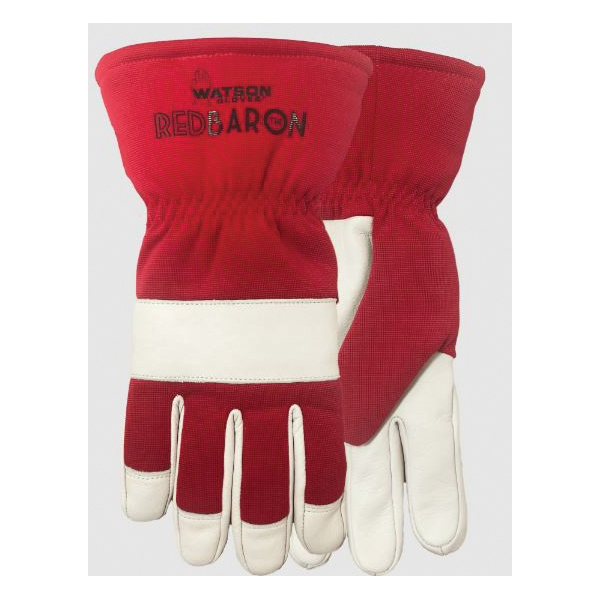 Watson 94001-L Baron Combo Gloves, Wing Thumb Style, L, Cowhide Palm, Cowhide/Spandex, Off-White/Red, Gauntlet/Shirred Elastic Wrist/Slip-On Cuff, Heavy Sherpa Lining