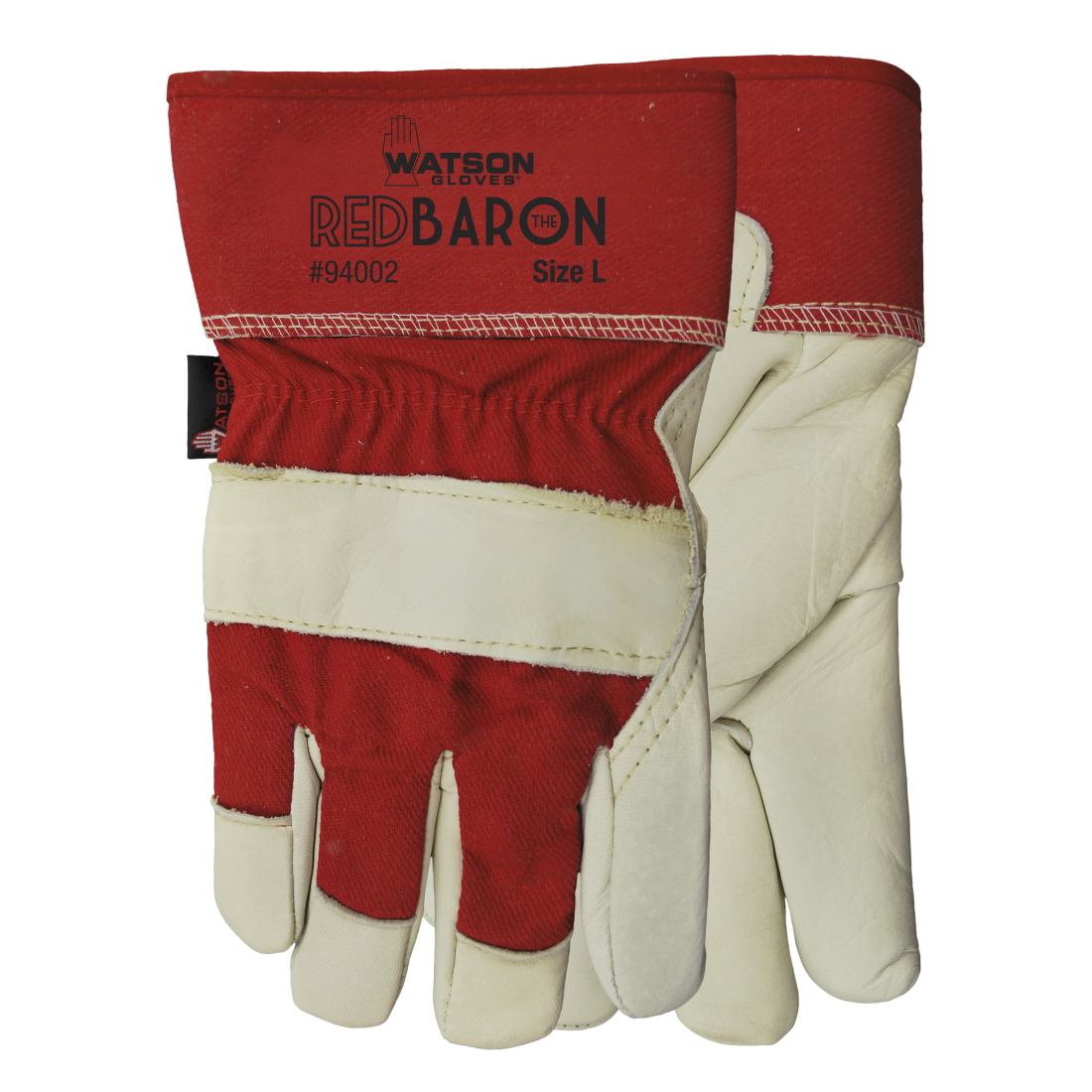 Watson 94002-XXS Baron General Purpose Work Gloves, General Purpose, Wing Thumb Style, 2XS, Cowhide Leather Palm, Cowhide Leather, Off-White/Red, Slip-On Cuff, Heavy Sherpa Lining