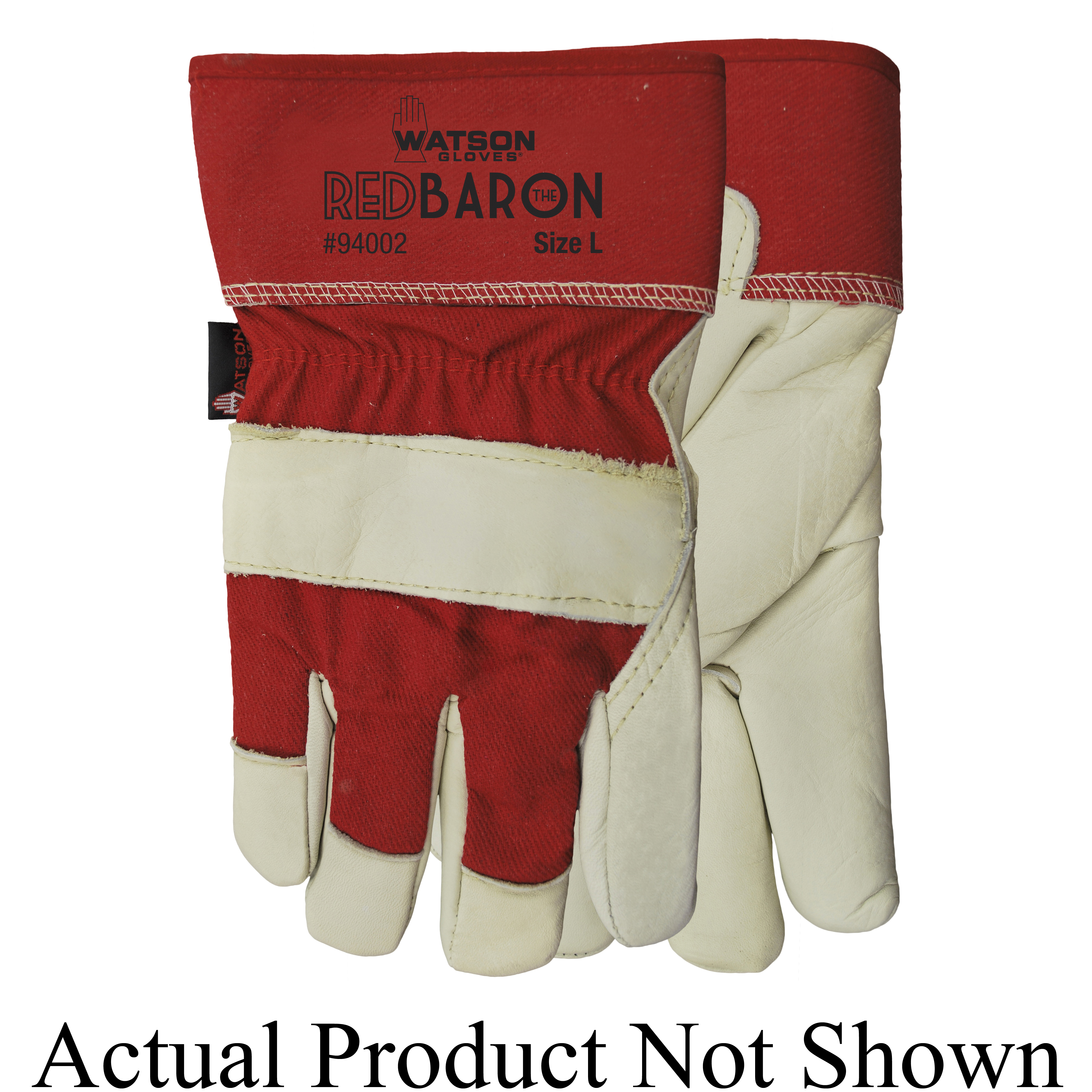 Watson 94002-S Baron General Purpose Gloves, Wing Thumb Style, S, Cowhide Palm, Cotton/Cowhide/Spandex, Off-White/Red, Shirred Elastic Wrist/Slip-On Cuff, Heavy Sherpa Lining
