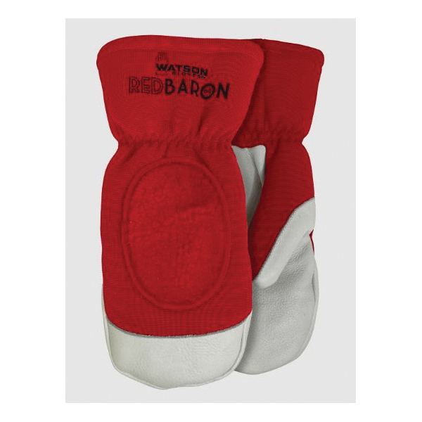 Watson 94005-L Baron Combo Gloves, Mitt, Wing Thumb Style, L, Cowhide Palm, Cowhide/Spandex, Off-White/Red, Shirred Elastic Wrist/Slip-On Cuff, Heavy Sherpa Lining
