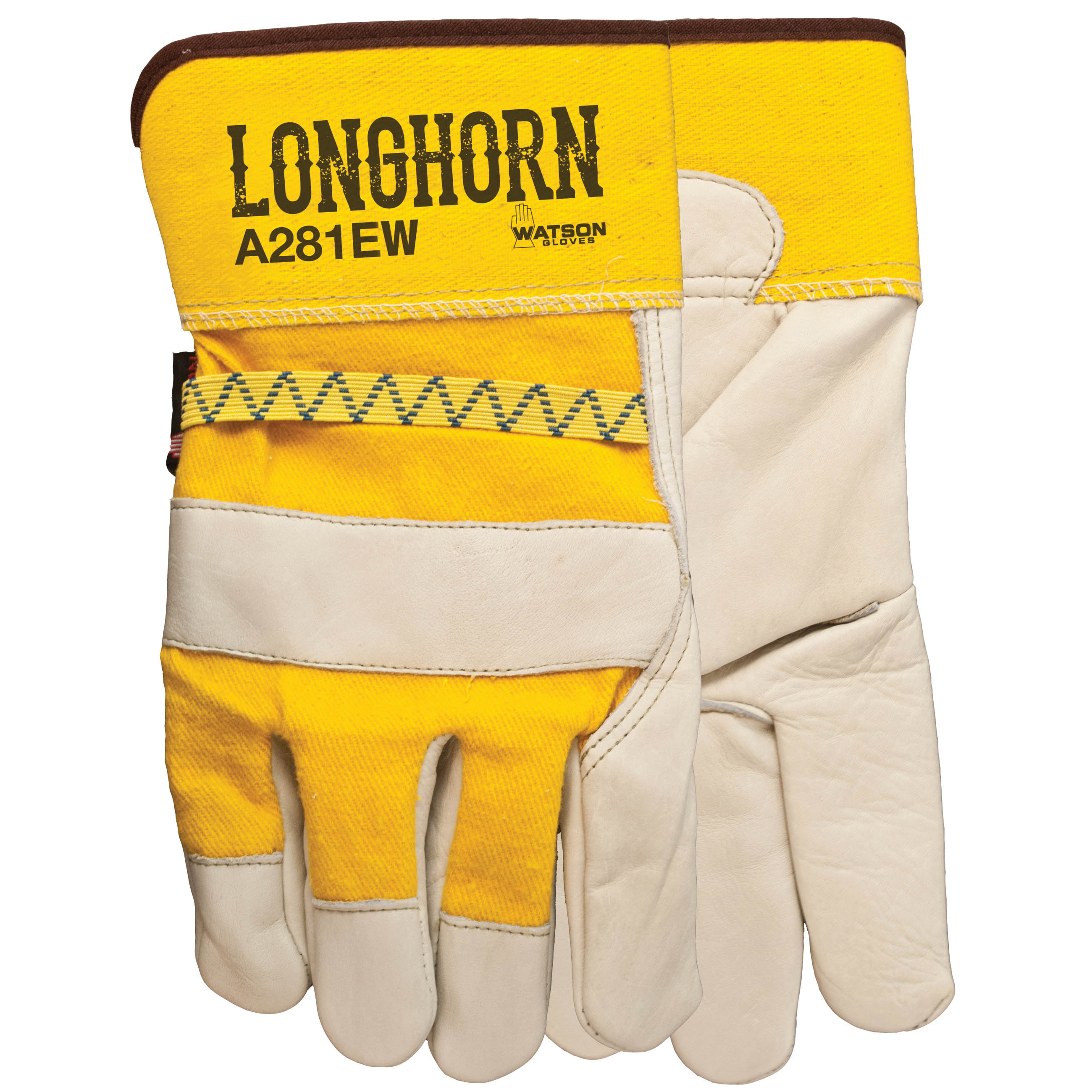 Watson A281EW-S Longhorn General Purpose Gloves A281EW, Hooded Fingertips Style, Cotton/Economy-Grade Full Grain Cowhide Leather, Off-White/Yellow, Shirred Elastic/Safety Cuff, Unlined Lining