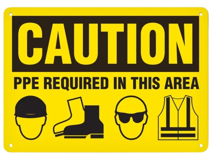 INCOM® SS2067P Safety Signs, 10 in L 14 in W, Caution - PPE Required in This Area Legend, Yellow, Semi-Rigid Plastic