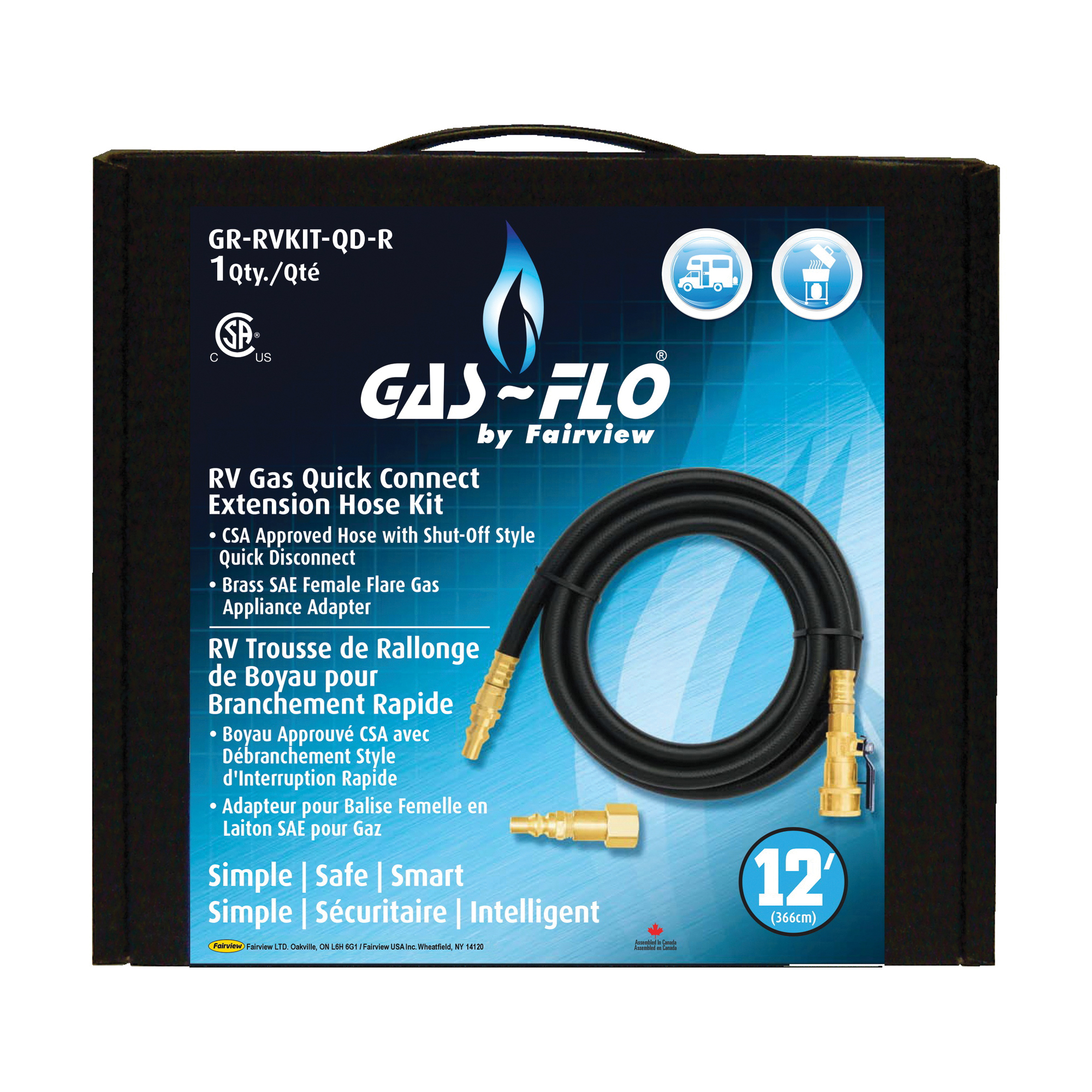 GAS-FLO® GR-RVKIT-QD-R Low Propane Gas Quick-Connect Extension Hose Kit, 1/4 in Nominal, Valved Coupler x Nipple End Style, 12 ft L, Rubber, Import