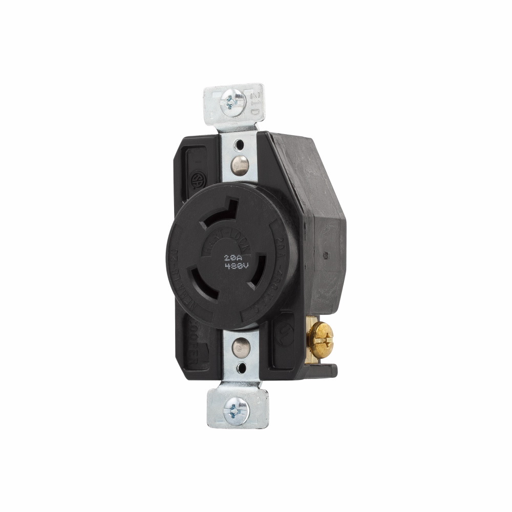 EATON Eaton Wiring Devices Arrow Hart™ Hart-Lock® AHL820R Single Locking Receptacle, 480 VAC, 20 A, 2 Poles, 3 Wires, Black