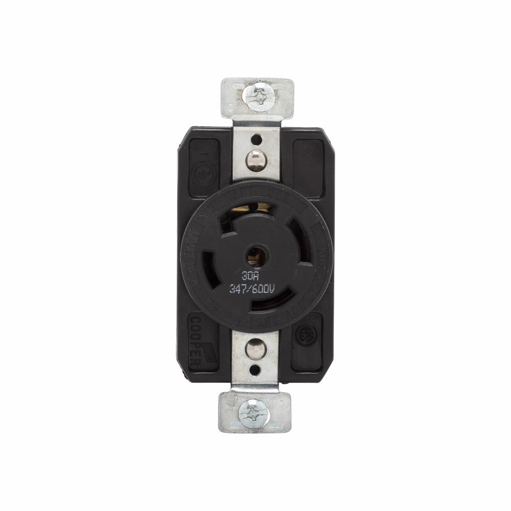 EATON Hart-Lock® AHL2330R Single Locking Receptacle, 347/600 V, 30 A, 4 Poles, 5 Wires, Black