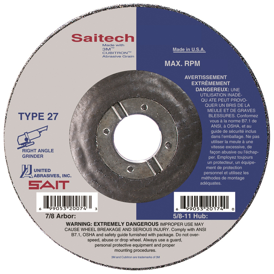 SAIT® Saitech Ultimate Performance™ 20074 High Performance Depressed Center Wheel, 5 in Dia x 1/4 in THK, 7/8 in Center Hole, 24 Grit, Ceramic Alumina Oxide Abrasive