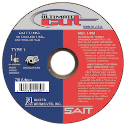 SAIT® The Ultimate Cut™ 22235 Thin High Speed Cut-Off Wheel, 5 in Dia x 0.045 in THK, 7/8 in Center Hole, 36 Grit, Aluminum Oxide Abrasive