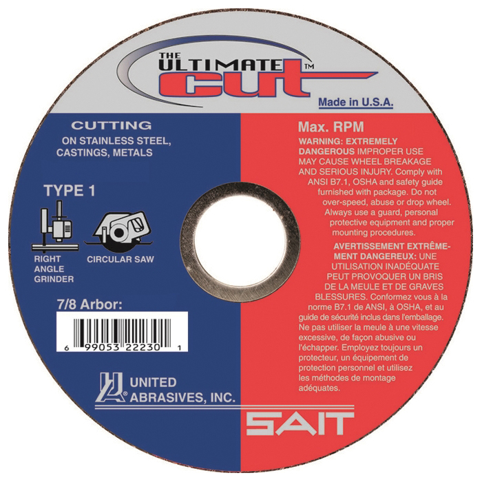 SAIT® The Ultimate Cut™ 22235 Thin High Speed Cut-Off Wheel, 5 in Dia x 0.045 in THK, 7/8 in Center Hole, 36 Grit, Aluminum Oxide Abrasive