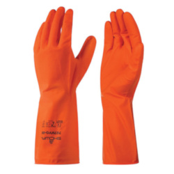 SHOWA® 707HVO-08 Disposable Chemical-Resistant Gloves, M/SZ 8, Nitrile, Hi-Viz Orange, Unlined, 12 in L, Resists: Oils, Hydrocarbons, Grease, Chemicals and Liquid, Unsupported Support, Rolled Cuff, 9 mil THK