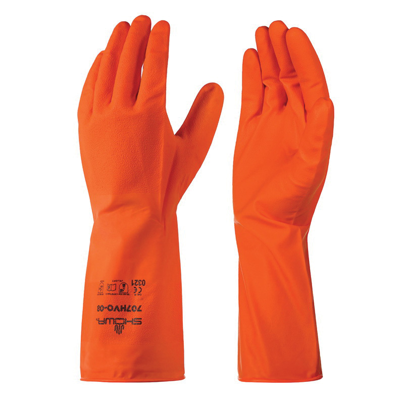 SHOWA® 707HVO-08 Disposable Chemical-Resistant Gloves, M/SZ 8, Nitrile, Hi-Viz Orange, Unlined, 12 in L, Resists: Oils, Hydrocarbons, Grease, Chemicals and Liquid, Unsupported Support, Rolled Cuff, 9 mil THK