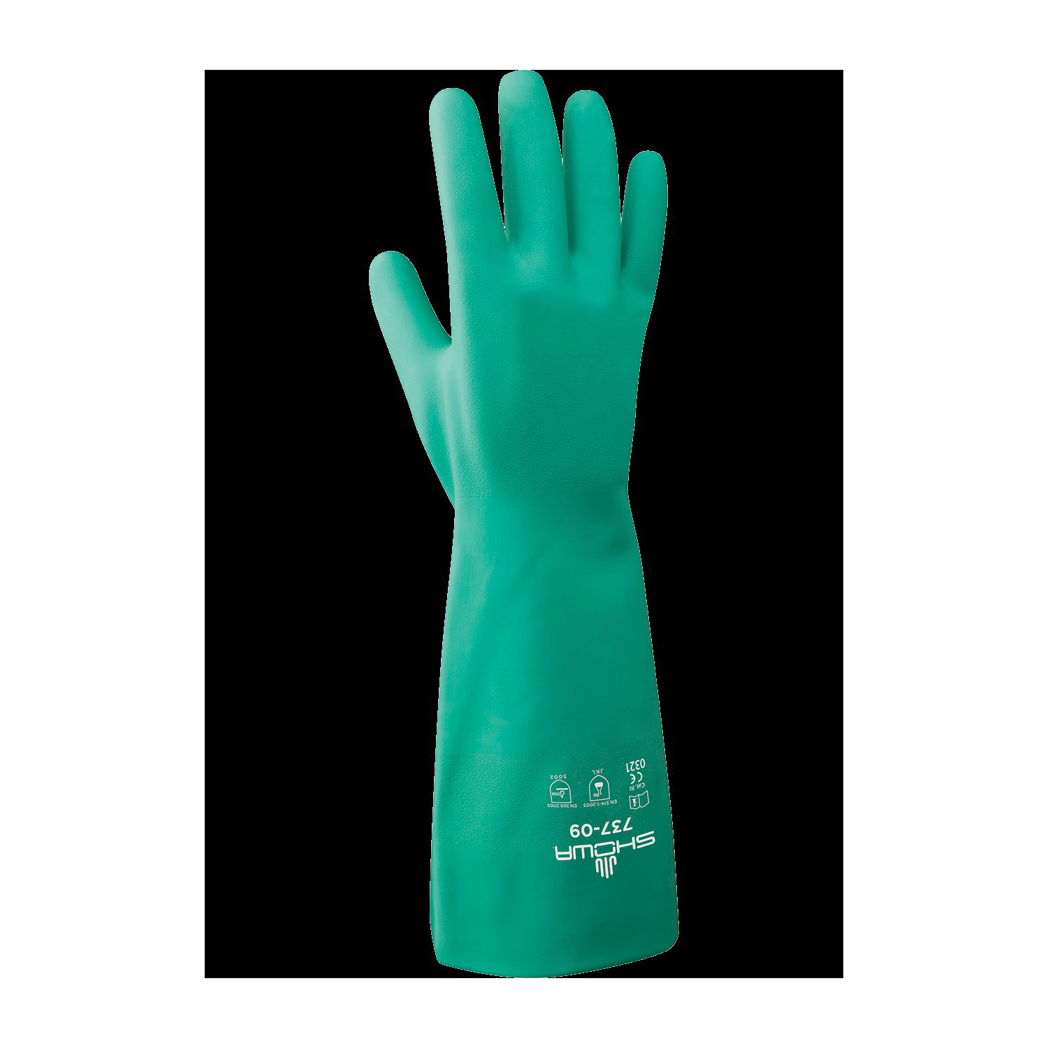 Showa Best® 737-09 Nitri-Solve® 737 Multi-Purpose Chemical-Resistant Gloves, L/SZ 9, Nitrile, Light Green, Unlined Lining, 15 in L, Resists: Abrasion, Cut, Chemical, Oil and Puncture, Unsupported Support, Straight Cuff, 22 mil THK