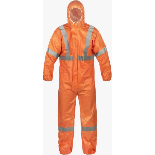 MicroMaxNS Disposable Orange Coverall with Reflective Trim - Hood, Elastic Wrist/Ankle