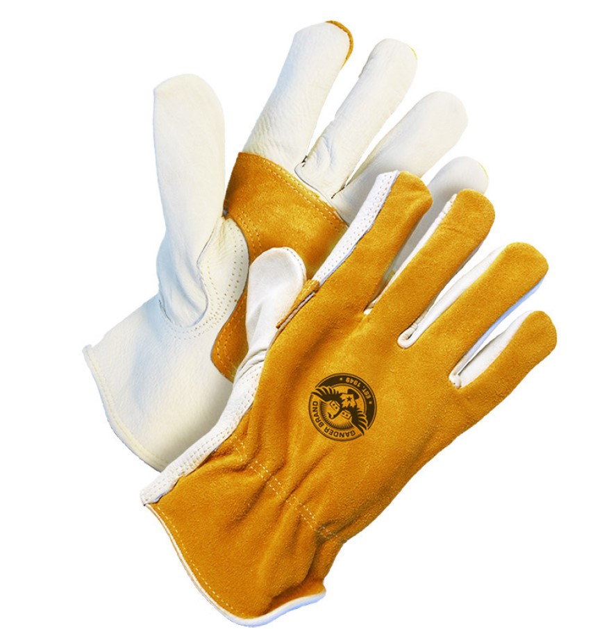 BDG Gander Brand® 20-1-148 Standard Grade General Purpose Gloves, Driver, Gunn Cut/Keystone Thumb/Reinforced Style, S, Grain Cowhide Leather/Split Leather Palm, Beige/Gold, Slip-On Cuff, Resists: