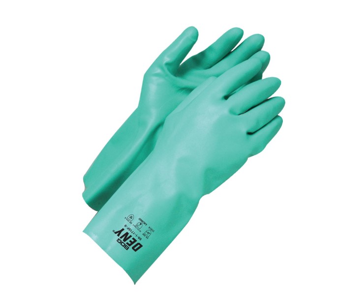 BDG DENY™ 99-1-1715F General Purpose Chemical-Resistant Gloves, Nitrile, Green, Flock Lining, Resists: Abrasion, Cut, Grease, Hydro Carbons, Liquid, Oil, Puncture and Snag, Unsupported Support, Gauntlet Cuff, 15 mil THK