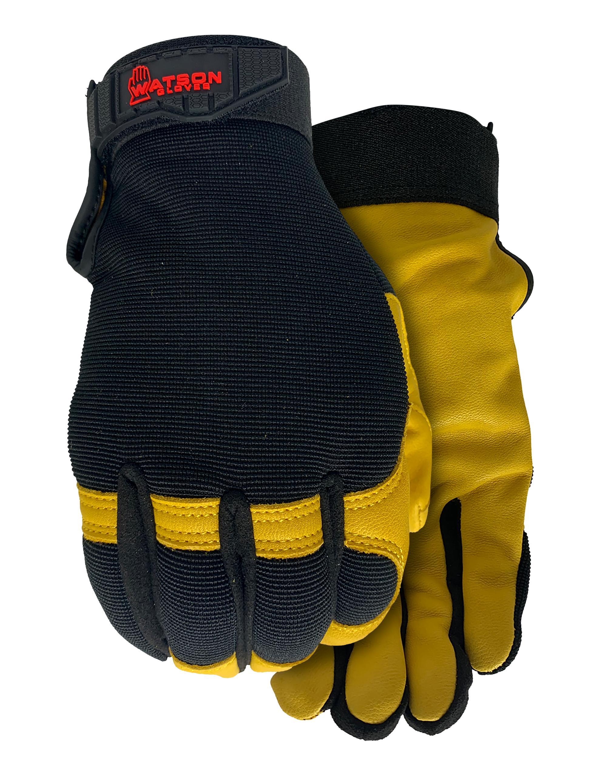 Watson 005 Flextime General Purpose Gloves, Leather Palm, Full Grain Goatskin Leather Palm, Full Grain Goatskin Leather/Spandex®, Black/Tan, Resists: Water, Straight Thumb