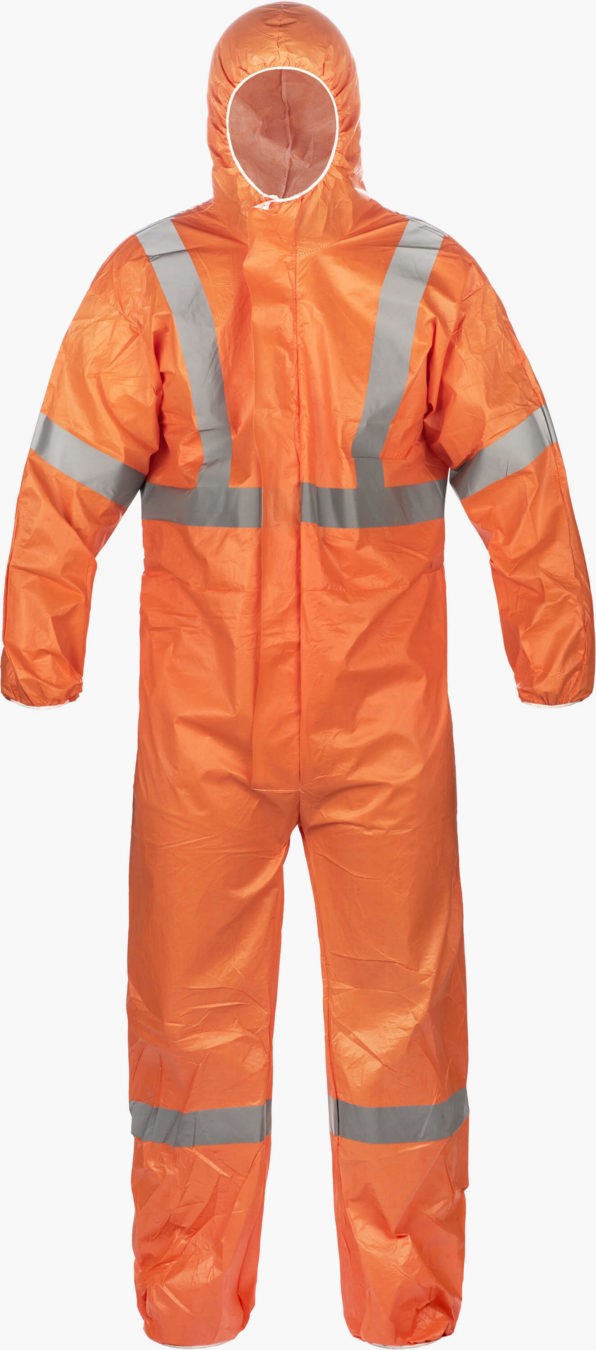 MicroMaxNS Disposable Orange Coverall with Reflective Trim 2XL - Hood, Elastic Wrist/Ankle