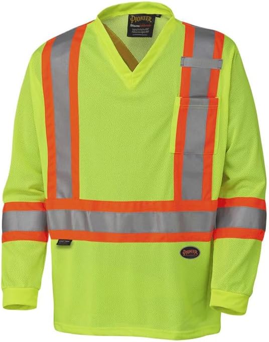 PIONEER® 6985-L Long Sleeve Safety Traffic T-Shirt, Men's, L, Hi-Viz Yellow/Green, Micro Mesh